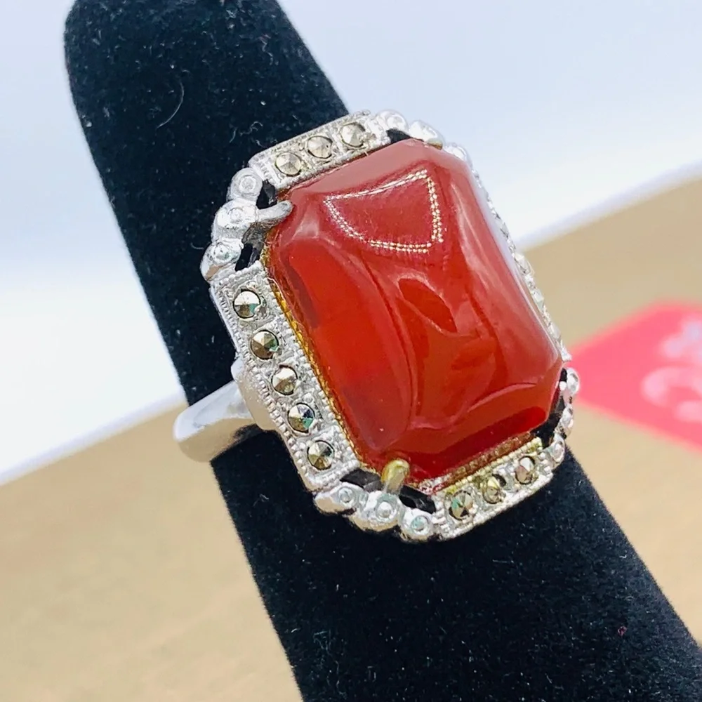 Red orange vintage costume ring NOS adjustable